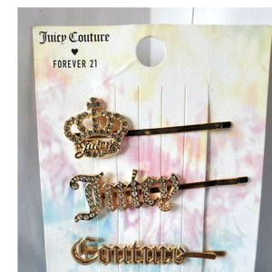 Juicy Couture Crystal Bling Bobby Pins Hair Clips Barrettes 3Pc Set Gold